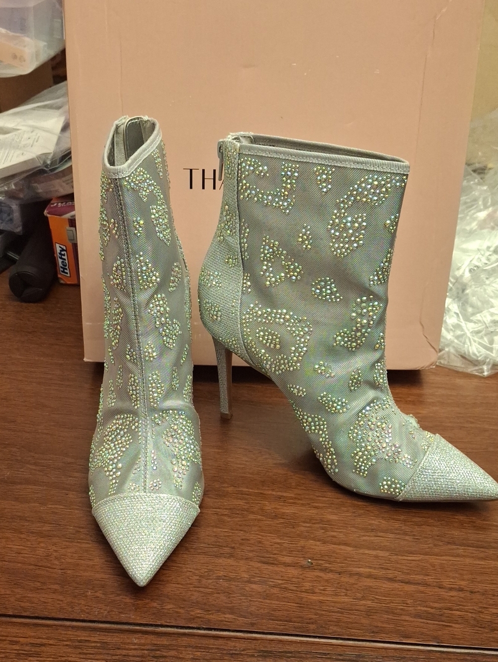 Thalia Sodi Shaylene Embellished Pointed-Toe Stiletto Ankle Boots Silver 9M New